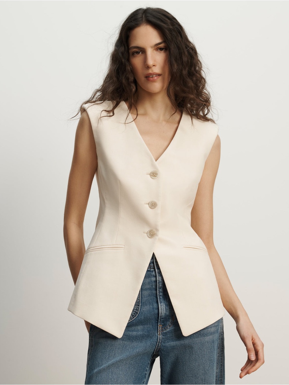 Veronica Beard Cream Sleeveless V-Neck Tailored Vest